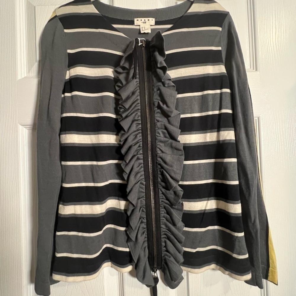 Marni x H&M Striped Ruffle zip Cardigan Gray Black Yellow Size 12